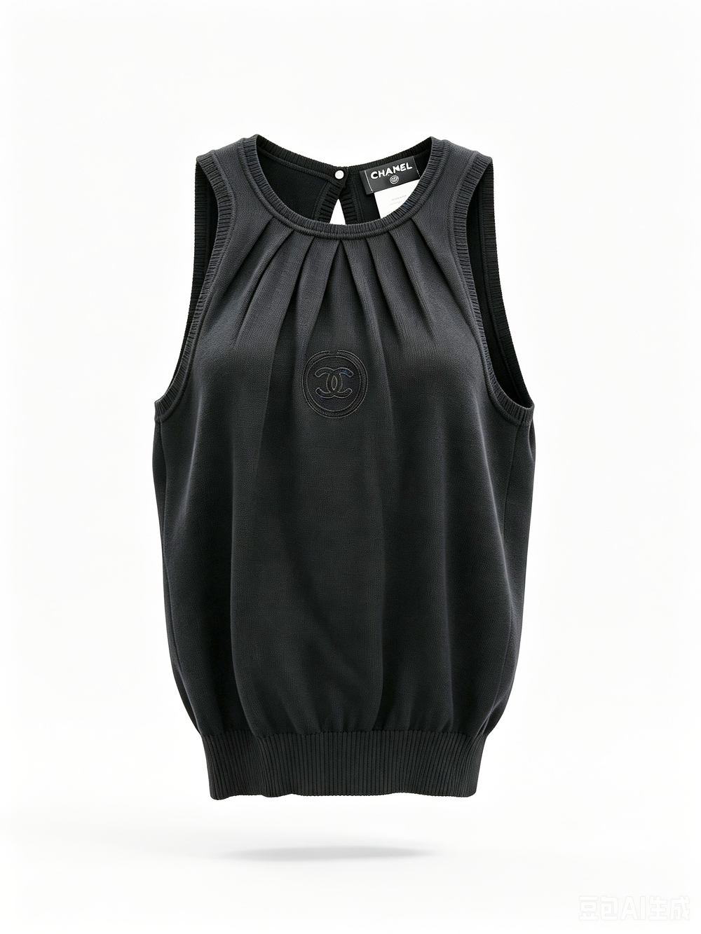 Chanel Navy Sleeveless Logo-Embroidered Top